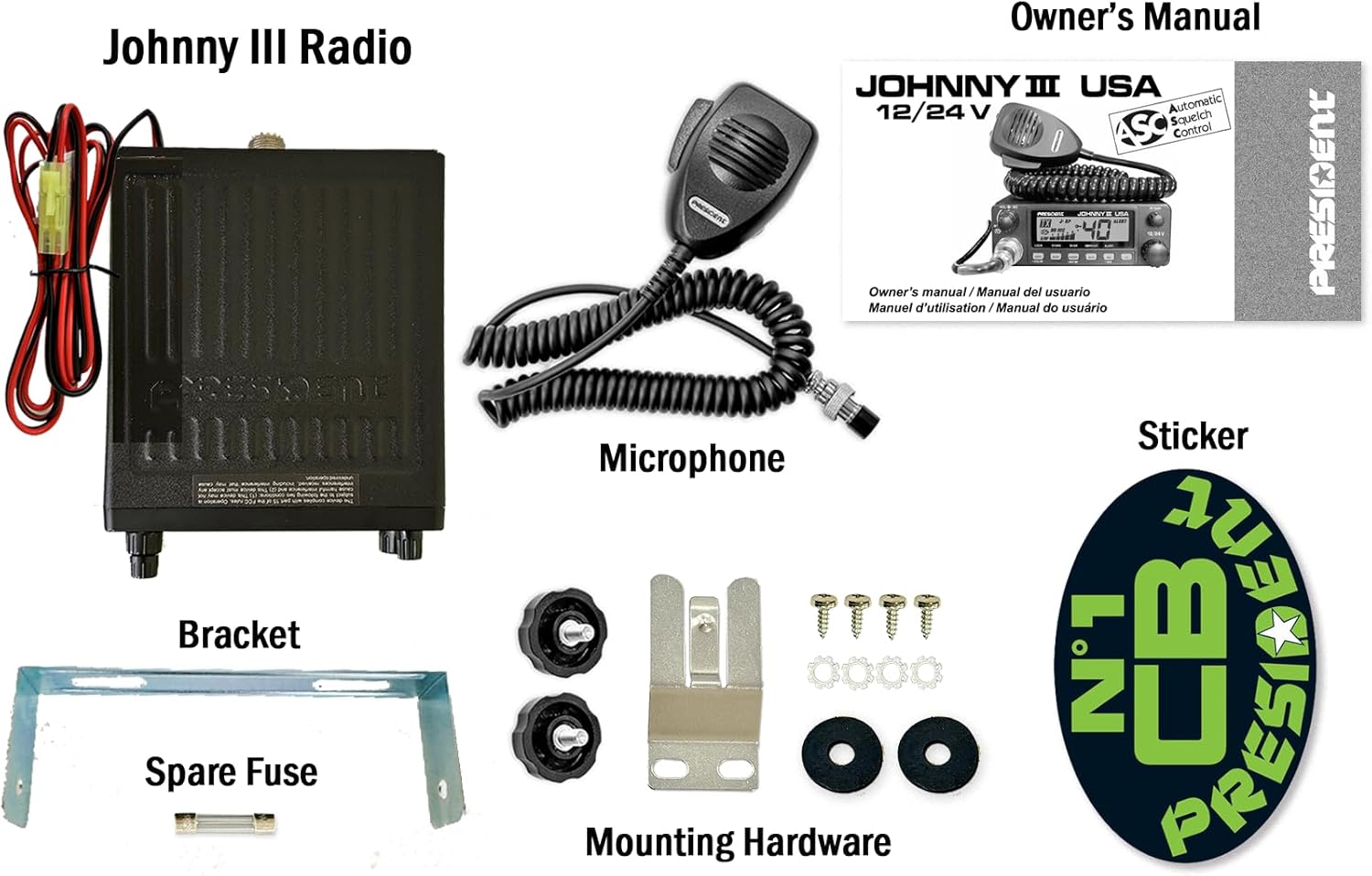 President Johnny III USA 40 Channel CB Radio 12 or 24V, Black