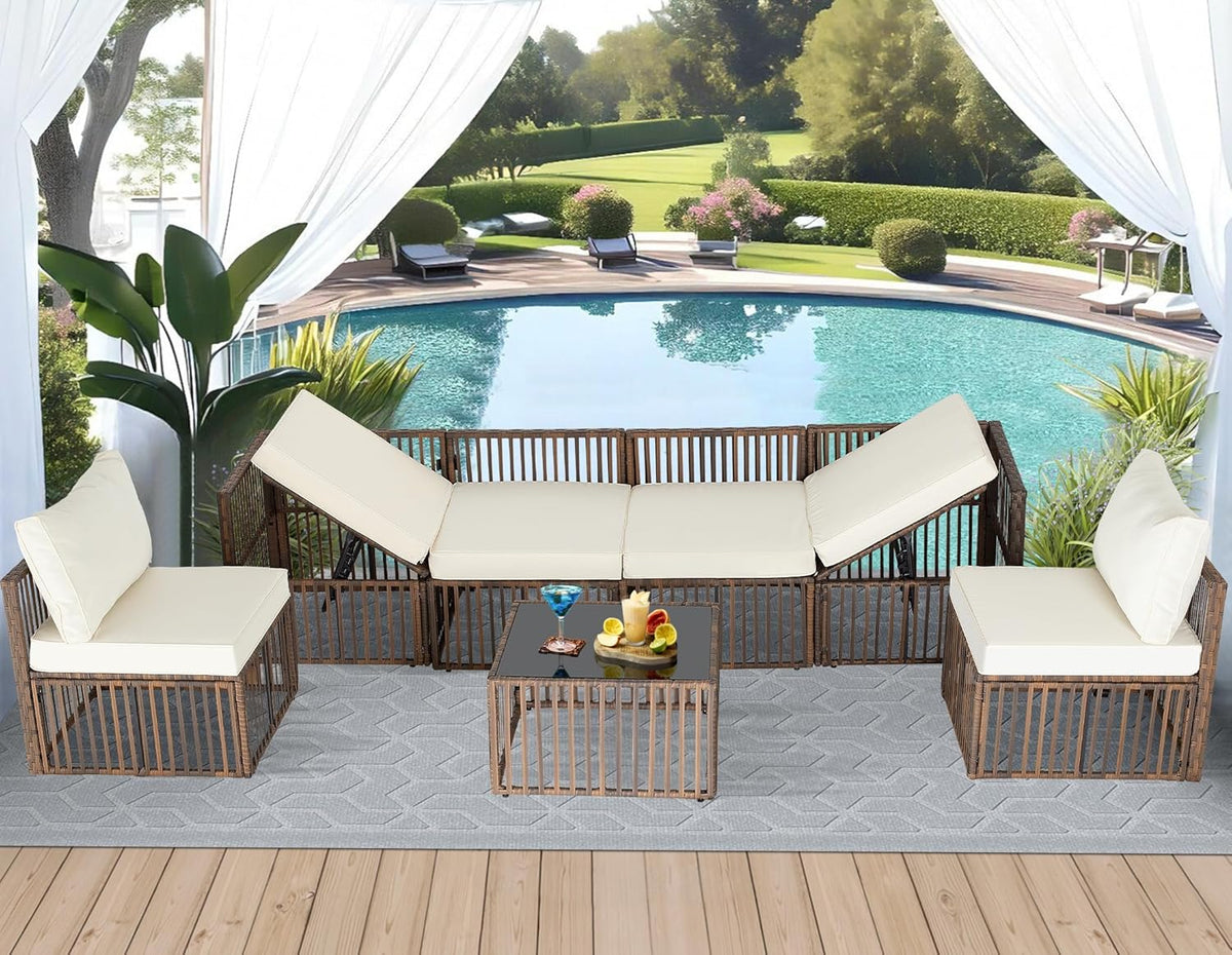 FHFO 7 Pieces Outdoor Patio Furniture Set, Wicker Outdoor Sectional Conversation Couch Set with Adjustable Backrest Sofa, Thick Cushion & Coffee Table for Garden, Porch, Poolside, Brown/Beige