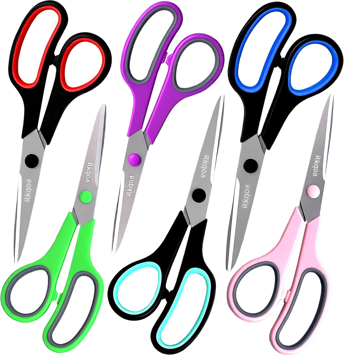 Scissors, Rkqoa 6 Pack 8" All Purpose Scissors for Everyday use, Stainless Steel Scissor Set with Comfort-Grip Handles for Office Home School Sewing Fabric Craft Supplies, Right/Left Handed
