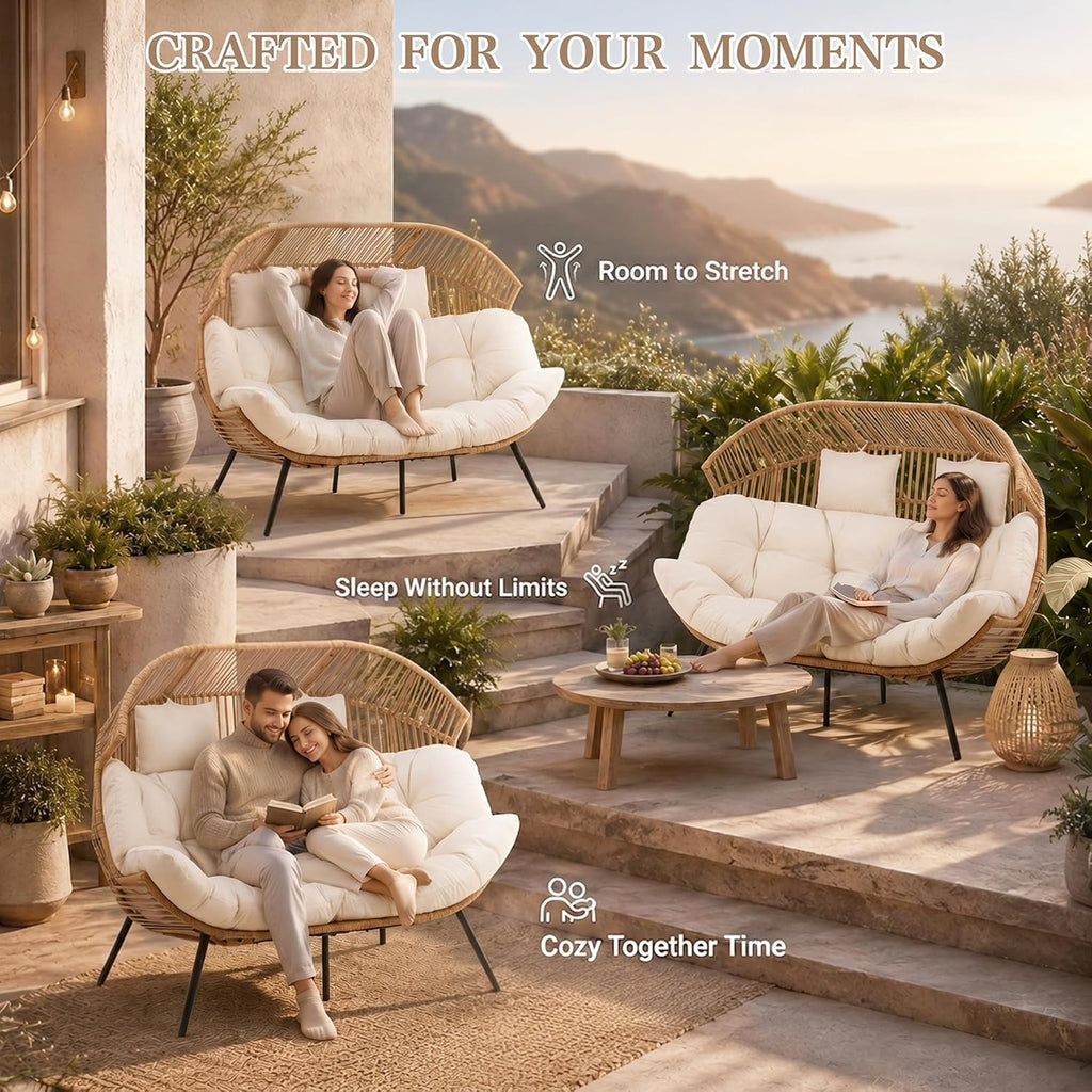Shintenchi Double Egg Chair Outdoor Rattan Patio Chair with Cushion, Oversized 2 Person Patio Lounge Chairs with Cushion Egg Basket Chair, Egg Seat Indoor Living Room Bedroom Patio Backyard Balcony