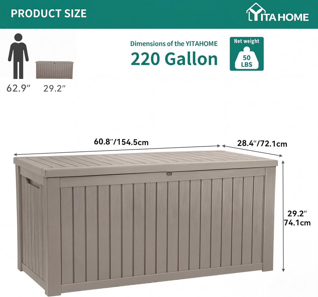 YITAHOME 220 Gallon Large Outdoor Storage XL Deck Box w/Divider for Patio Furniture,Outdoor Cushions, Garden Tools, Sports Equipment and Pool Supplies, Waterproof, Resin, Lockable, Taupe