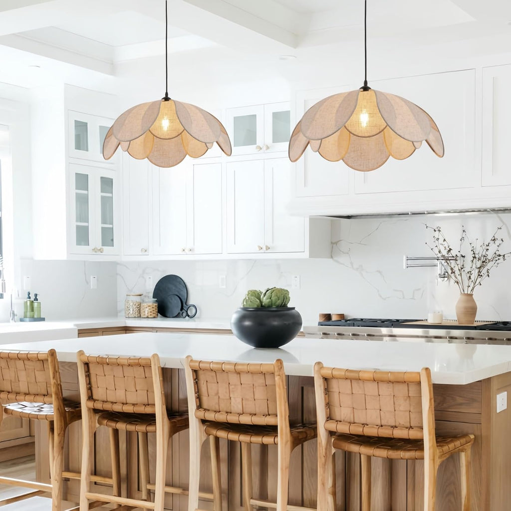 Large Linen Chandelier Fixture, 22in Boho Chandelier Light Fixture, Woven Coastal Rattan Chandelier Fixture, Wicker Hanging Pendant Lights for Dining Room, Kitchen Island, Living Room, Bedroom