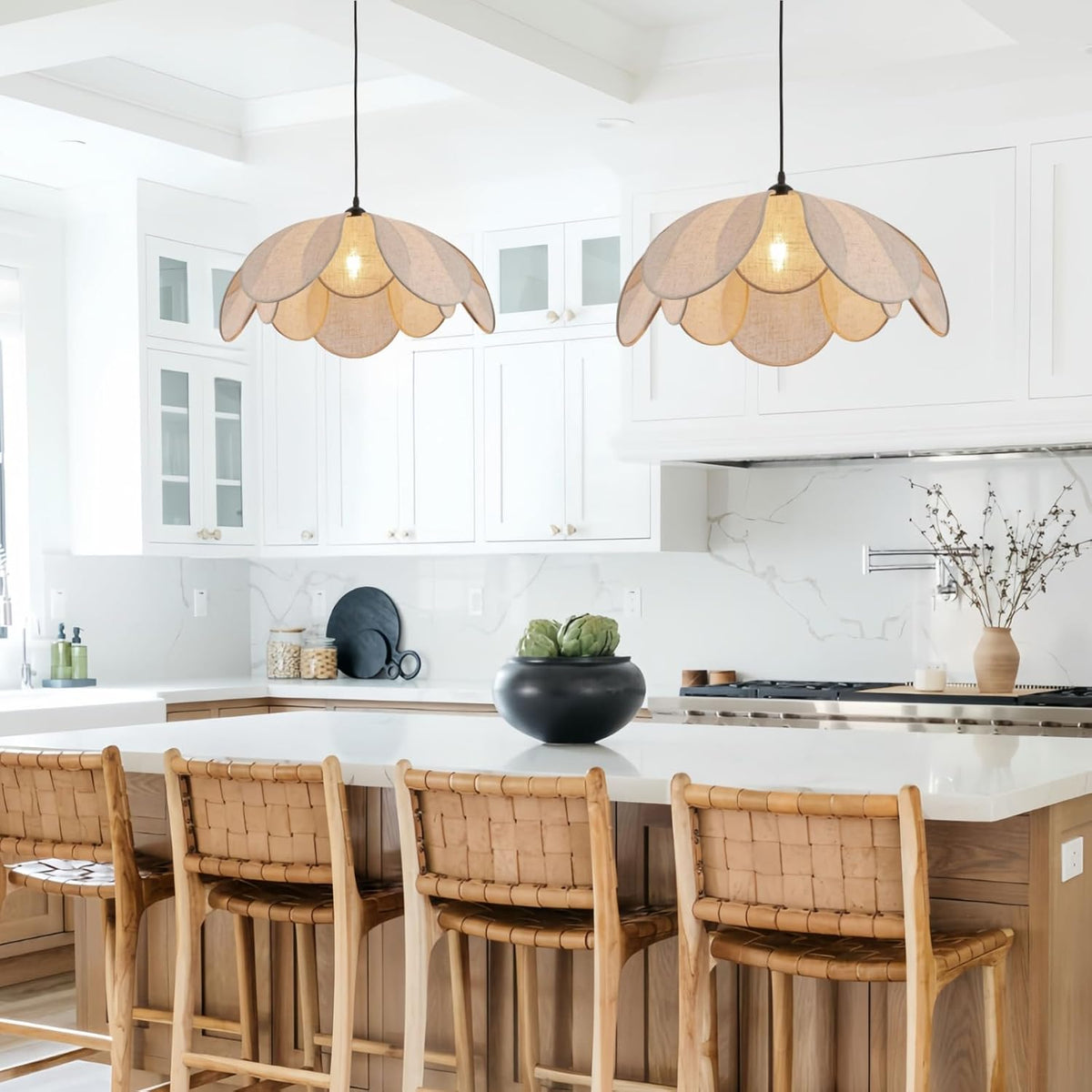 Large Linen Chandelier Fixture, 22in Boho Chandelier Light Fixture, Woven Coastal Rattan Chandelier Fixture, Wicker Hanging Pendant Lights for Dining Room, Kitchen Island, Living Room, Bedroom