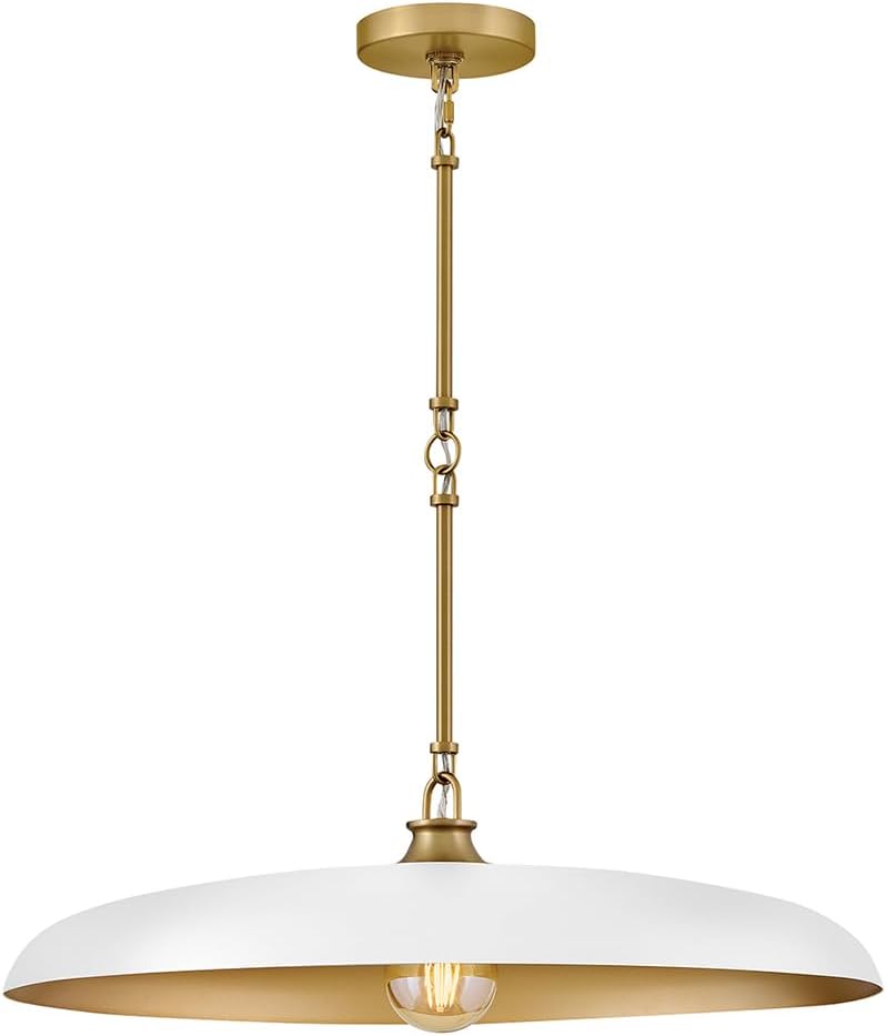 Hinkley Sadie 24" Dome Chandelier, Two Tone Saucer Shade, Transitional Pendant, Adjustable Height for Dining Room or Kitchen, Chalk White with Lacquered Brass Accents