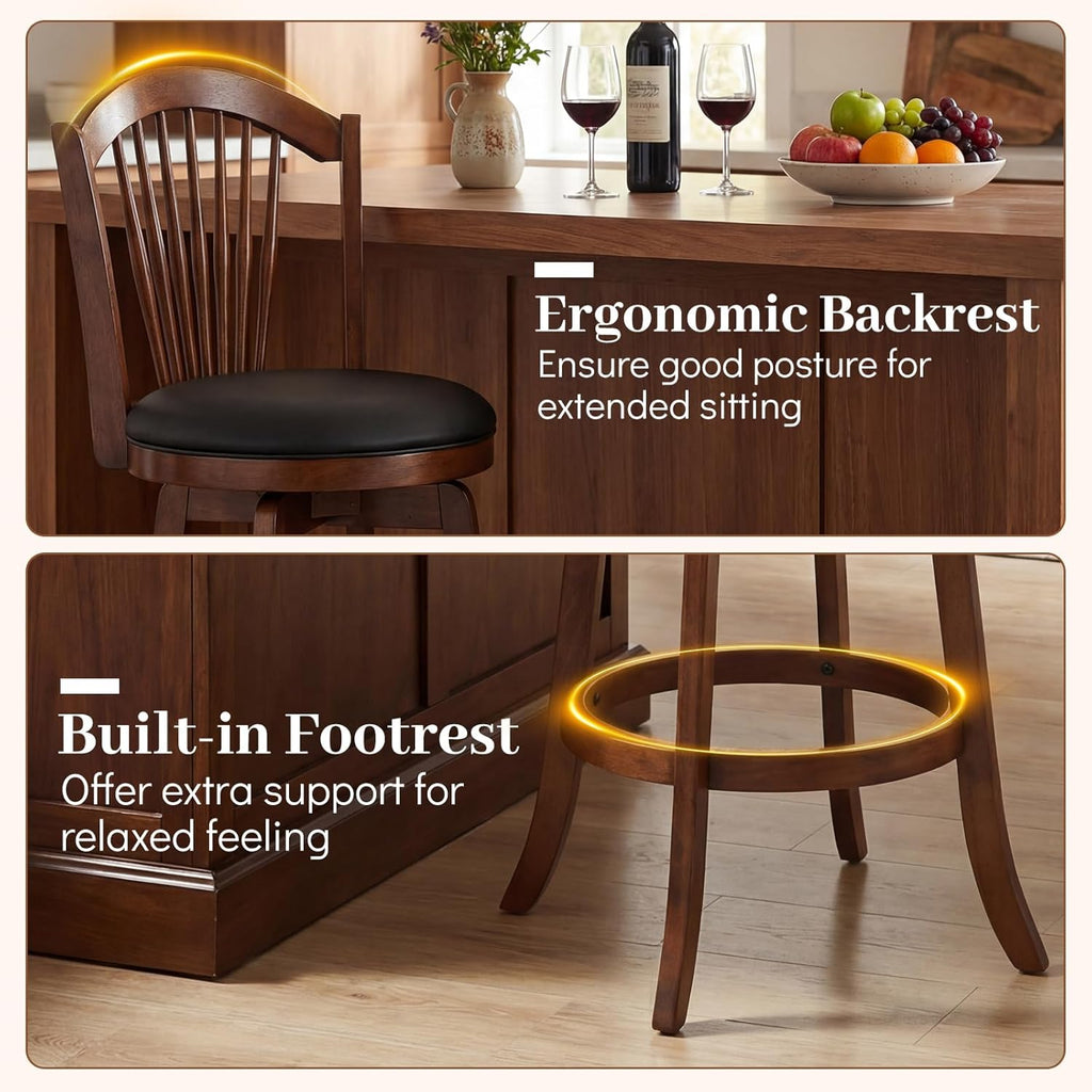 COSTWAY Swivel Bar Stools Set of 4, 31 Inch Bar Height Chairs with Backrests and Wood Frame, Upholstered Barstools for Kitchen Island and Dining Room (4,31 Inch)