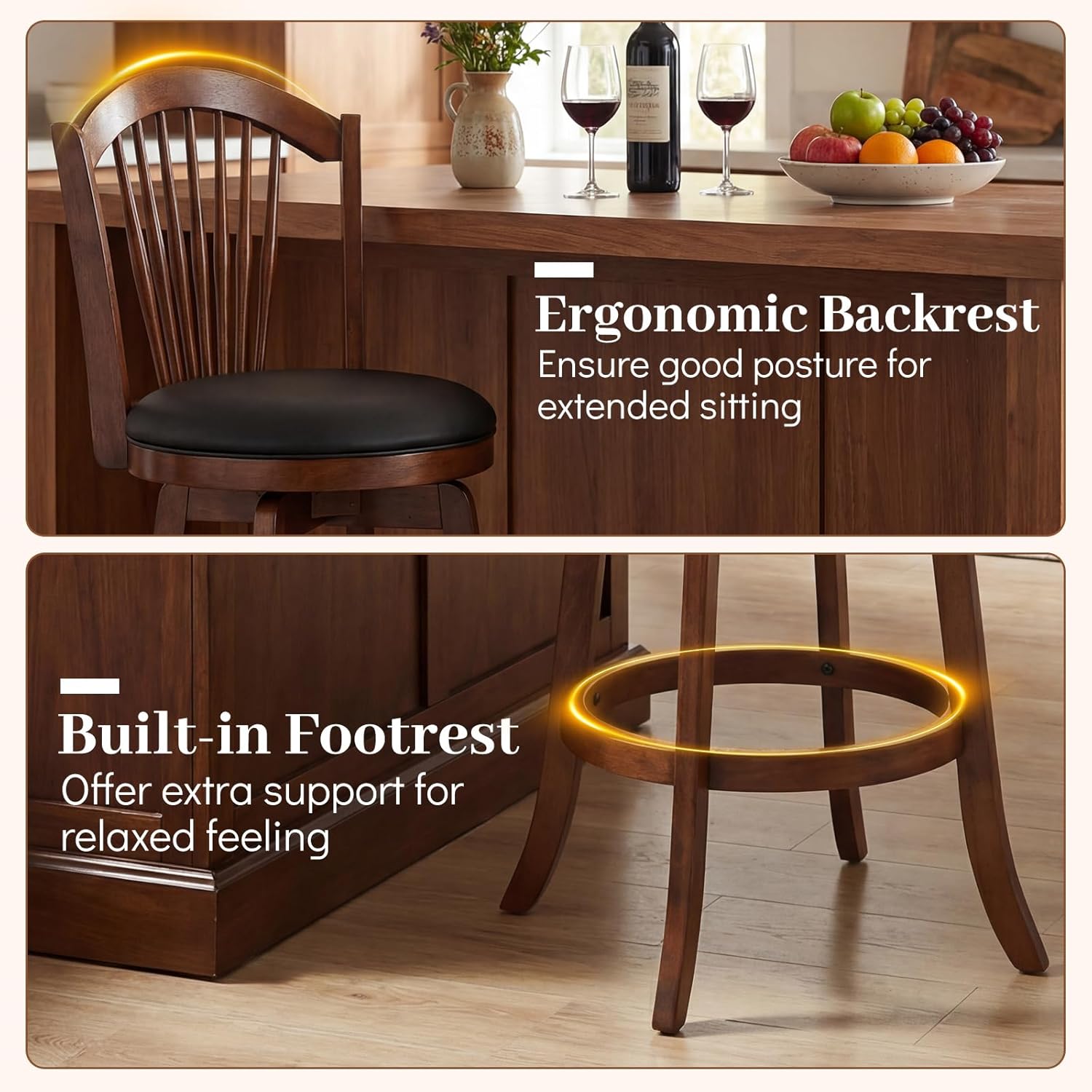 COSTWAY Swivel Bar Stools Set of 4, 31 Inch Bar Height Chairs with Backrests and Wood Frame, Upholstered Barstools for Kitchen Island and Dining Room (4,31 Inch)