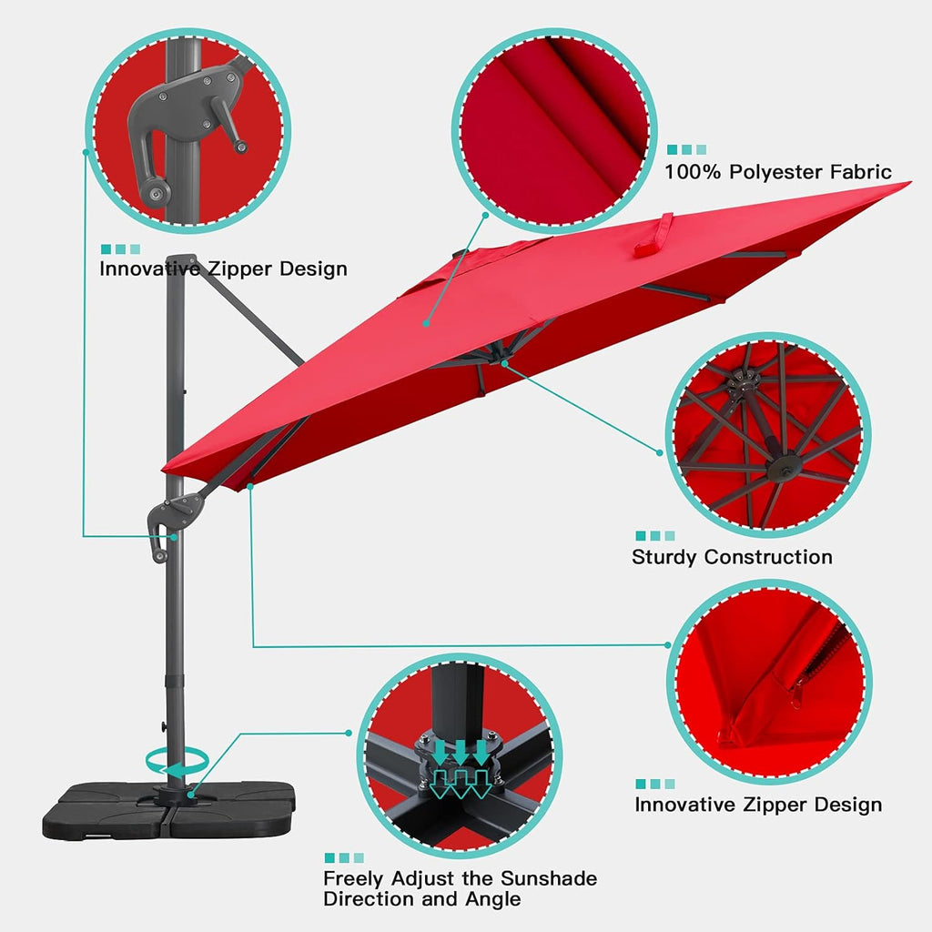 Sunnyglade 10x13Ft Cantilever Patio Umbrella Rectangular Deluxe Offset Umbrella 360°Rotation & Integrated Tilting System Patio Hanging Umbrella for Market Garden Deck Pool Backyard Patio(Red)