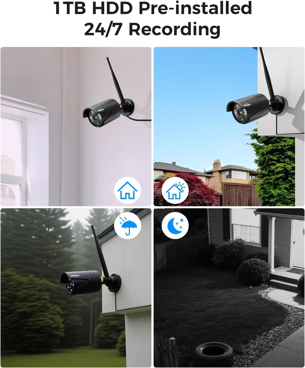 Hiseeu Home Security Camera System, 24/7 Recording Wired Plug-in Powered 4Pcs 5MP Outdoor Cameras, 10.1" LCD 16CH 8MP NVR&Monitor, One-Way Audio, Motion Detection, 1TB HDD, 2.4G/5G Wireless WiFi Pro