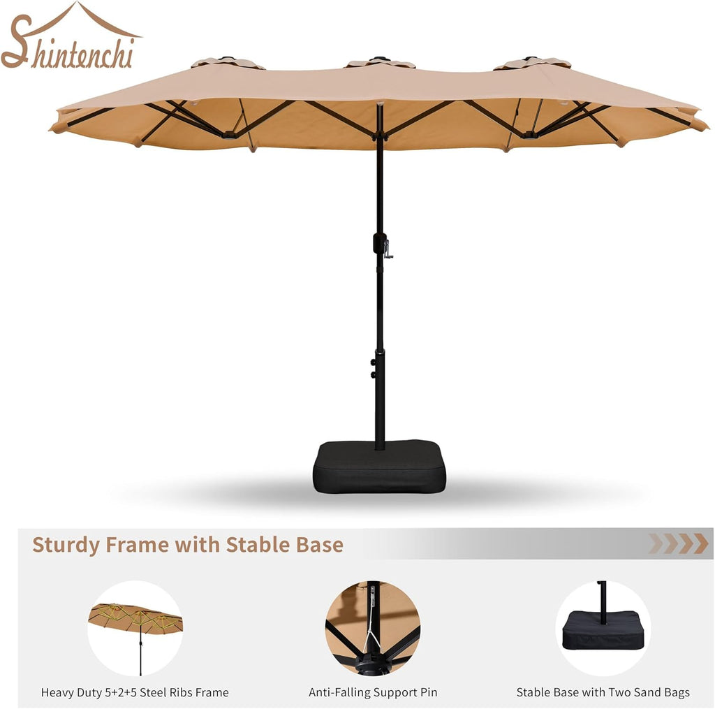 Shintenchi 13FT Large Patio Umbrella with Base, Outdoor Double-Sided Rectangular Shade with Crank Handle for Poolside Lawn Garden, Khaki