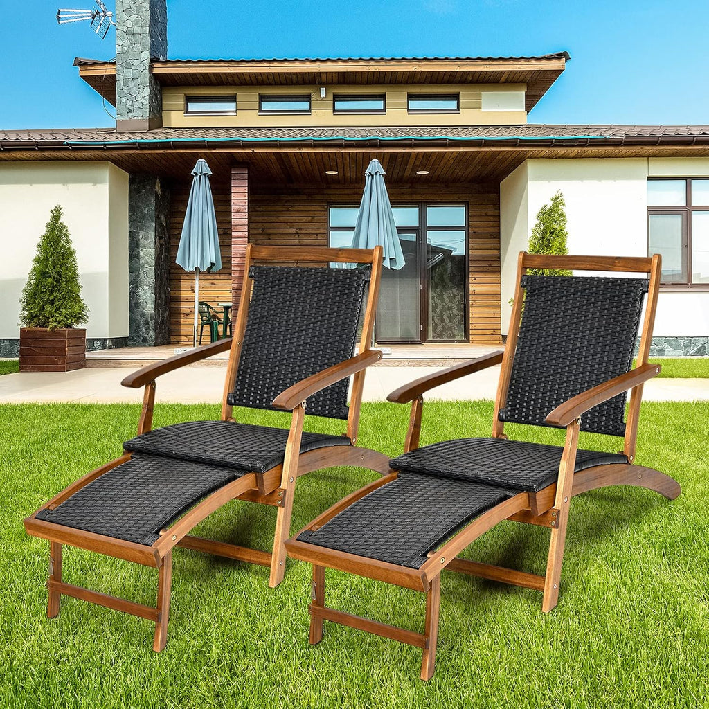 RELAX4LIFE Patio Chaise Lounge Chair Set of 3, Acacia Wood Folding Rattan Wicker Chairs w/Retractable Footrest, Side Table, 3-Piece Outdoor Patio Furniture, Fire Pit Deck Chairs Set for Porch Poolside