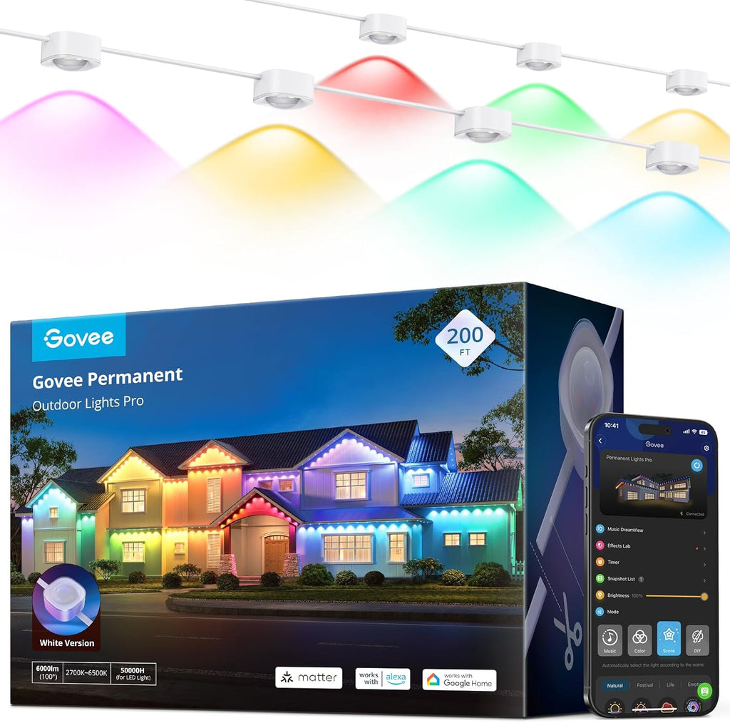 Govee Permanent Outdoor Lights Pro, 200ft with 120 RGBIC LED Lights for Daily and Accent Lighting, 75 Scene Modes for Patio Decor, IP67 Waterproof, Works with Alexa, Google Assistant, Matter, White