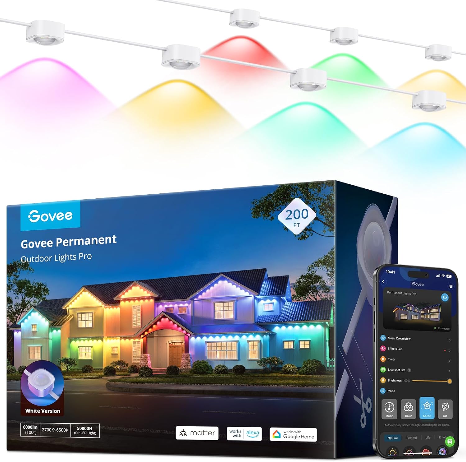 Govee Permanent Outdoor Lights Pro, 200ft with 120 RGBIC LED Lights for Daily and Accent Lighting, 75 Scene Modes for Patio Decor, IP67 Waterproof, Works with Alexa, Google Assistant, Matter, White