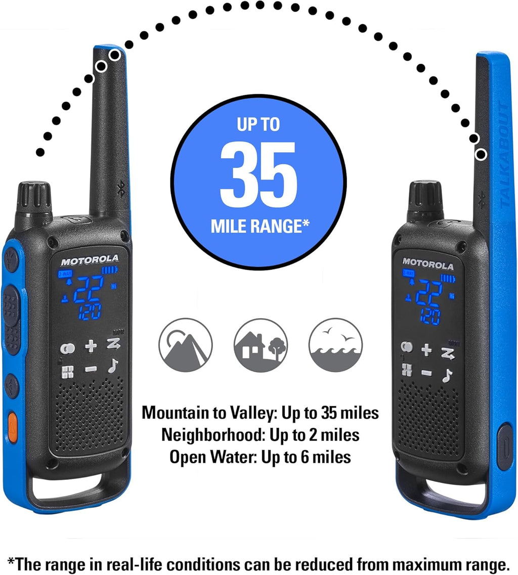 Motorola Solutions, Portable FRS, T802, Talkabout, Two-Way Radios Waterproof IP54 Walkie Talkie Emergency Preparedness, Rechargable, 22 Channel, 35 Mile, Black W/Blue, 2 Pack