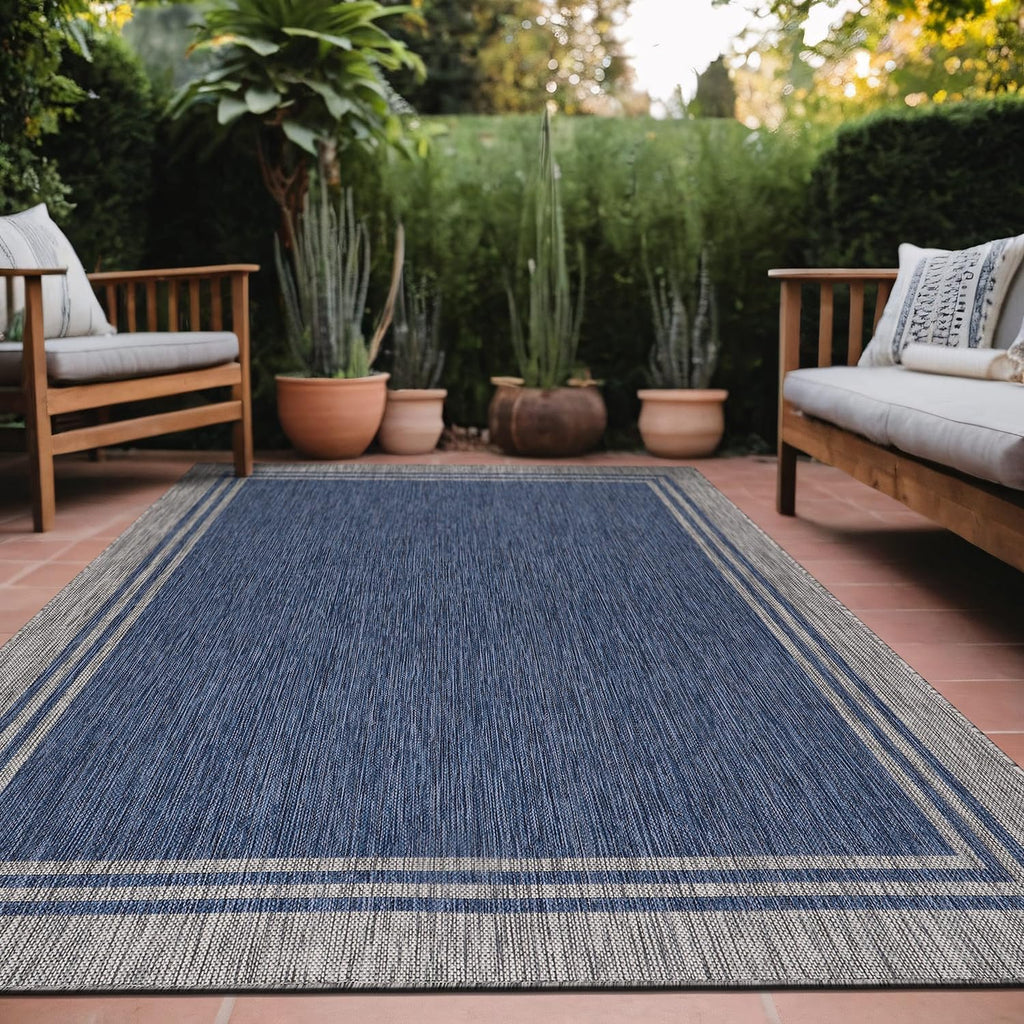 Luul Home Bordered Outdoor Rug 10x14 Washable Outside Carpet for Indoor Patio Porch Waterproof Easy Cleaning Non Shedding Area Rugs Navy 10 x 14