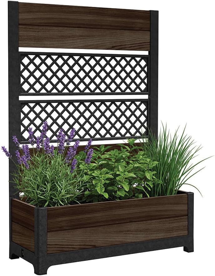 Keter Outdoor Planter Box with Privacy Screen and Trellis – 26 Gallon Raised Garden Bed for Climbing Plants & Flowers – Wood-Look Resin, Weather-Resistant Divider for Patio, Balcony & Backyard
