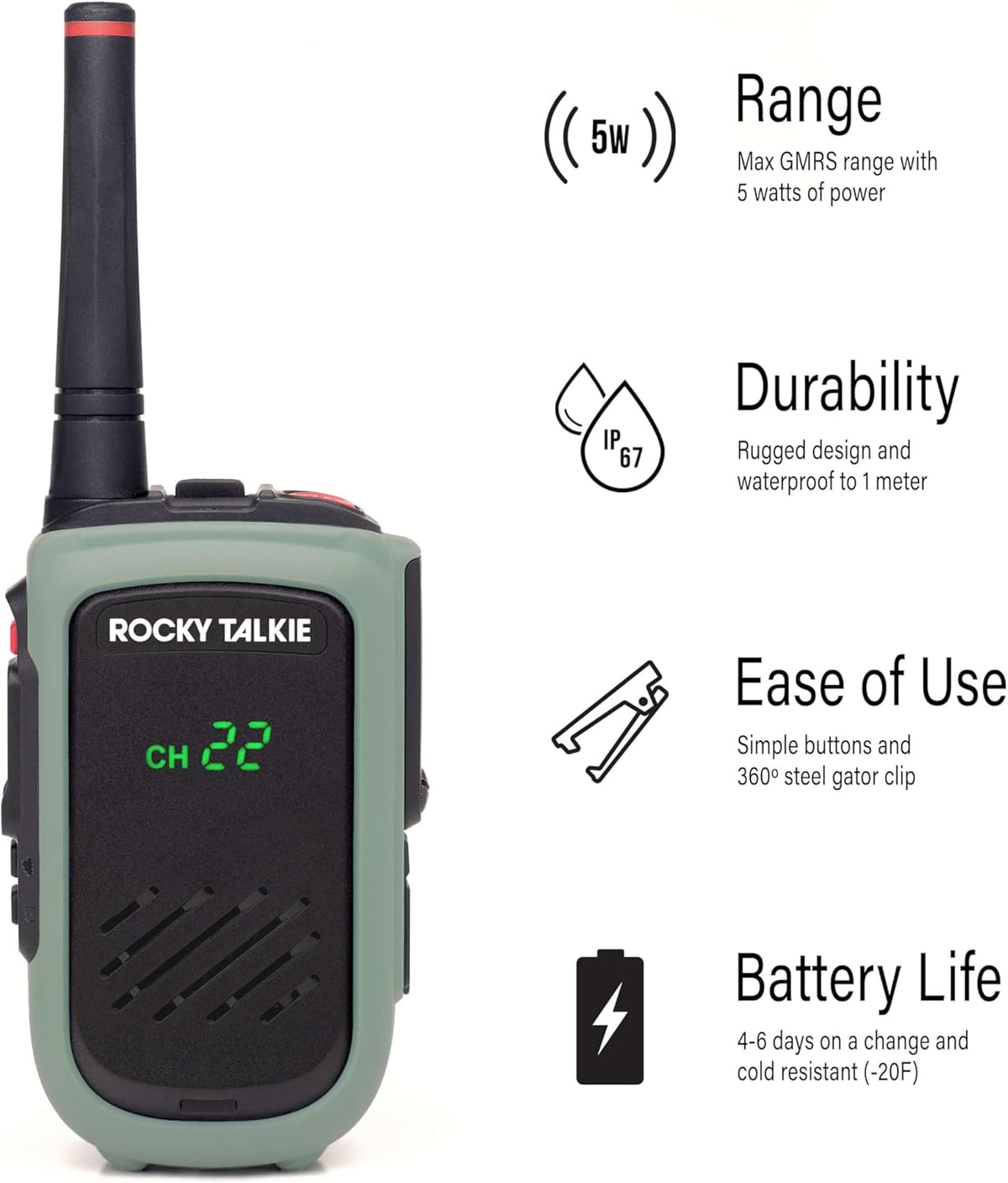 Rocky Talkie Expedition 5 Watt Radio with Waterproof Hand Mic - GMRS Radio with IP67 Waterproofing, Long Range Walkie Talkie, NOAA Weather Alerts, 5 Day Battery Life, 1 Pack