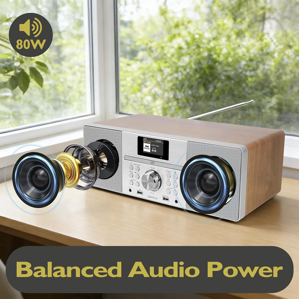 LEMEGA MSY1+ CD Player with FM Radio, Bluetooth Streaming, 80W Stereo HiFi System, Full Colour Display, 30 Presets, Remote Control, Acoustic Wooden Cabinet - Dark Walnut