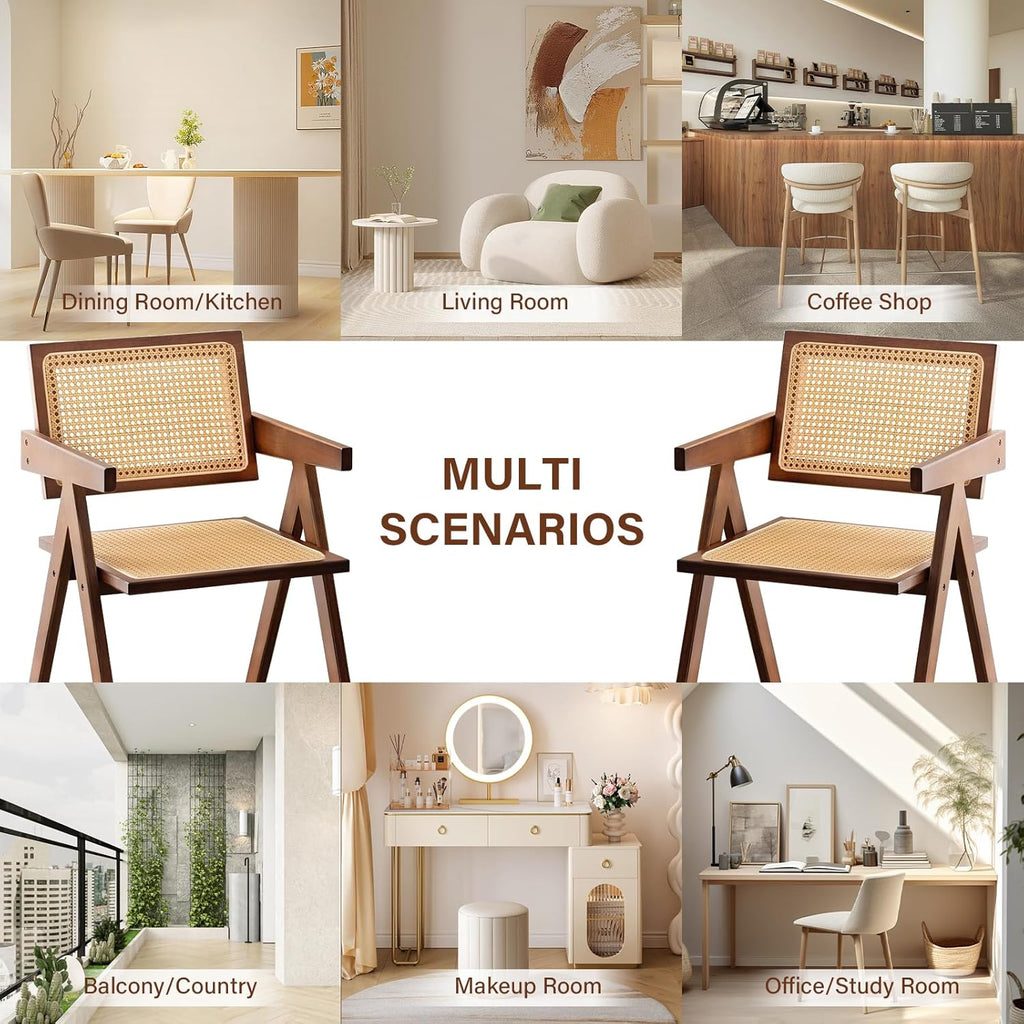Furlide Rattan Accent Chairs, Modern Mid Century Dining Chairs Set of 2, Comfy Armchairs, Outdoor Rattan Chairs with Armrest for Bedroom Living Room Reading Room Dining Kitchen, Brown