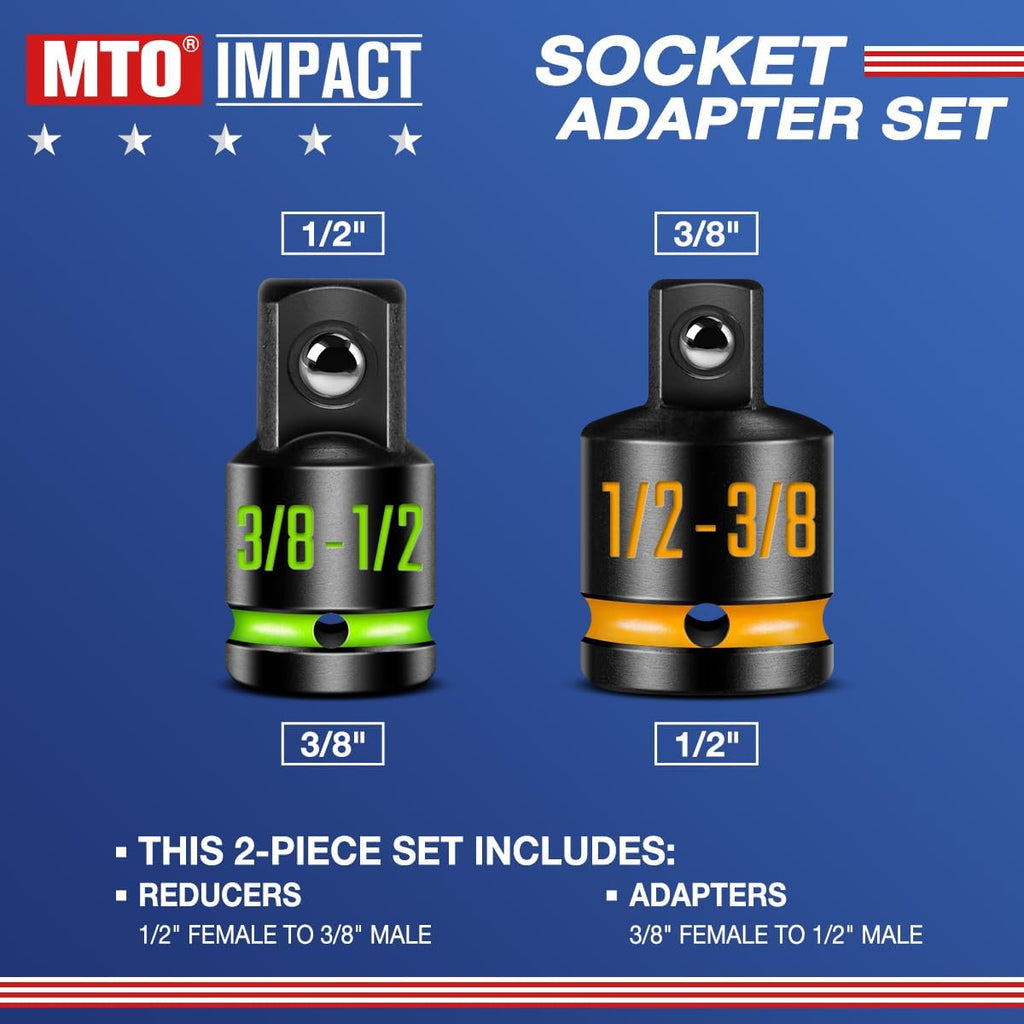 2-Piece Impact Socket Adapter & Reducer Set, 1/2"F to 3/8"M & 3/8"F to 1/2"M, with Paint-Filled Markings, CR-MO Steel for Impact Wrenches