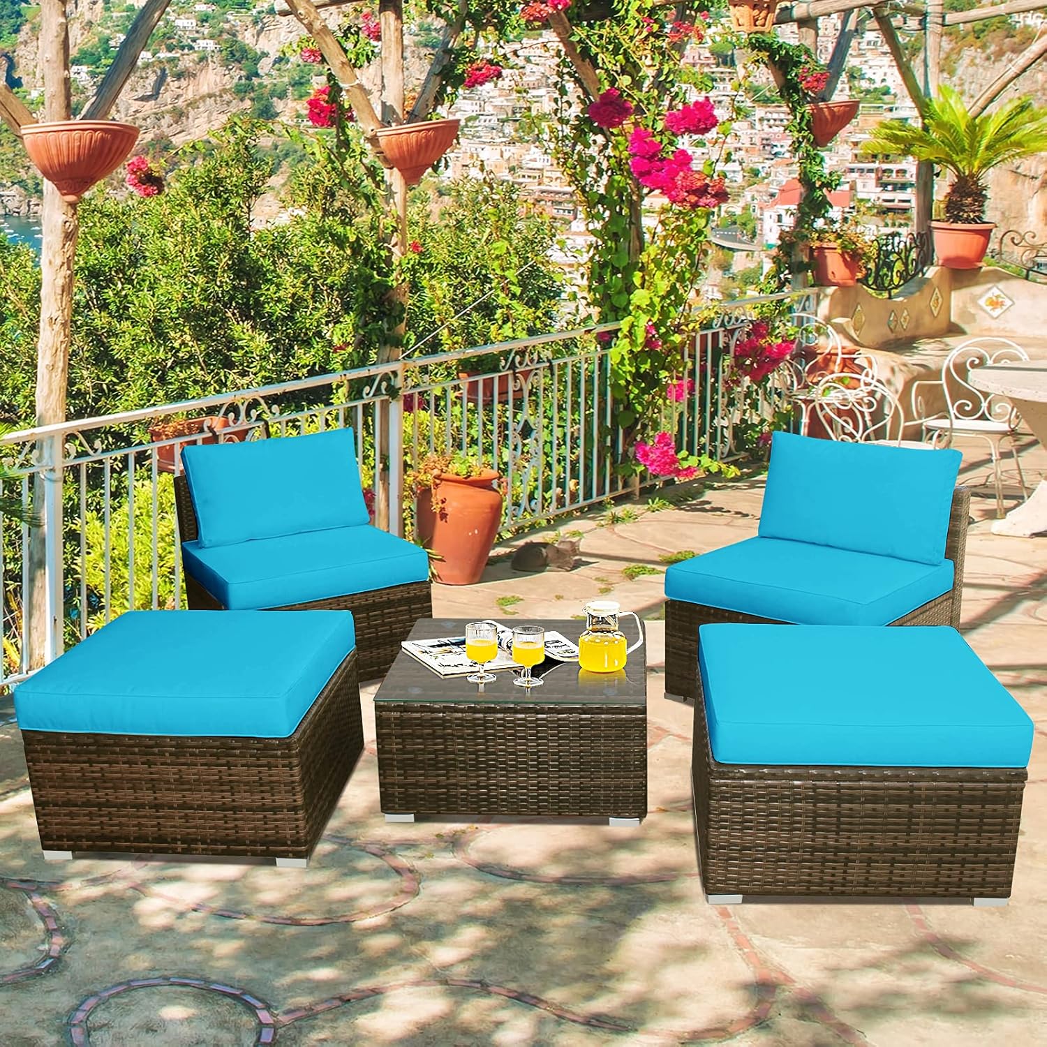 Tangkula 5 Piece Wicker Lounge Chair Set, with Tempered Glass Coffee Table, Outdoor Conversation Sets w/Washable Zippered Cushions, Includes 2 Armless Sofas, 2 Ottomans and 1 Side Table (Turquoise)