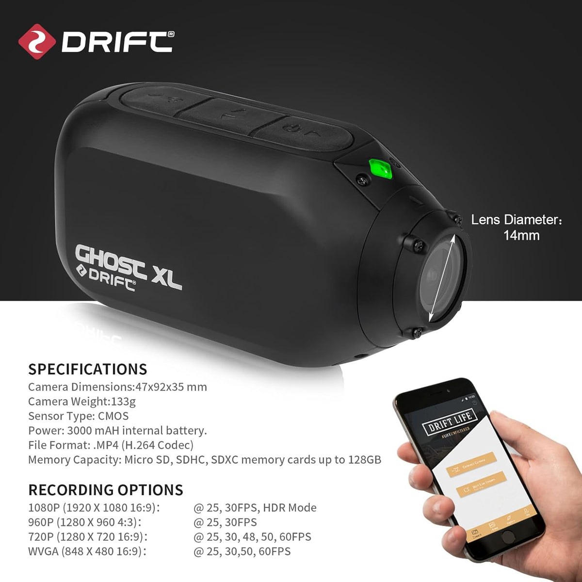 DRIFT Ghost XL 9 Hour Battery Action Camera, 1080P IPX7 Waterproof Helmet Camera, WiFi Remote Control Sport Cameras Wearable for Vlog Motorcycle Bicycle Cam