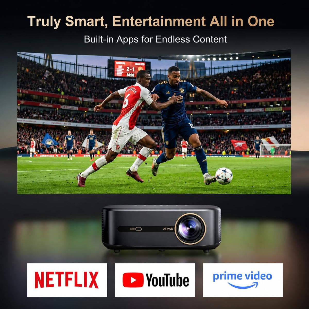Alvar Smart Projector 2026 Upgraded, 2500 ANSI, 4K Supported, Built in NetfIix App, DoIby Audio & 50W Speakers, Auto Focus, WiFi 6, Bluetooth 5.3, Home Theater & Outdoor Movie Projector, Black