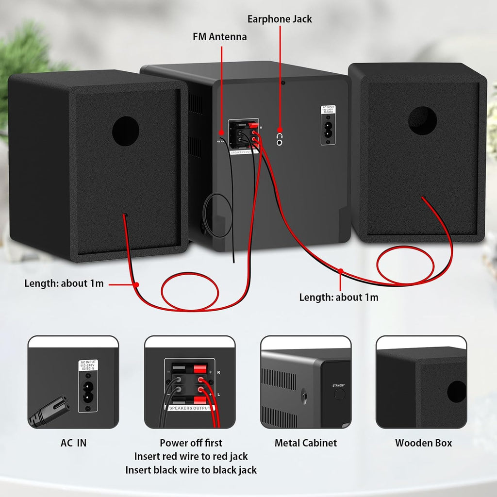 Home Stereo System with CD Player, FM Radio, Bluetooth, AUX in, USB in, Earphone Jack, Remote Control Included, 30W HiFi Shelf Stereo System