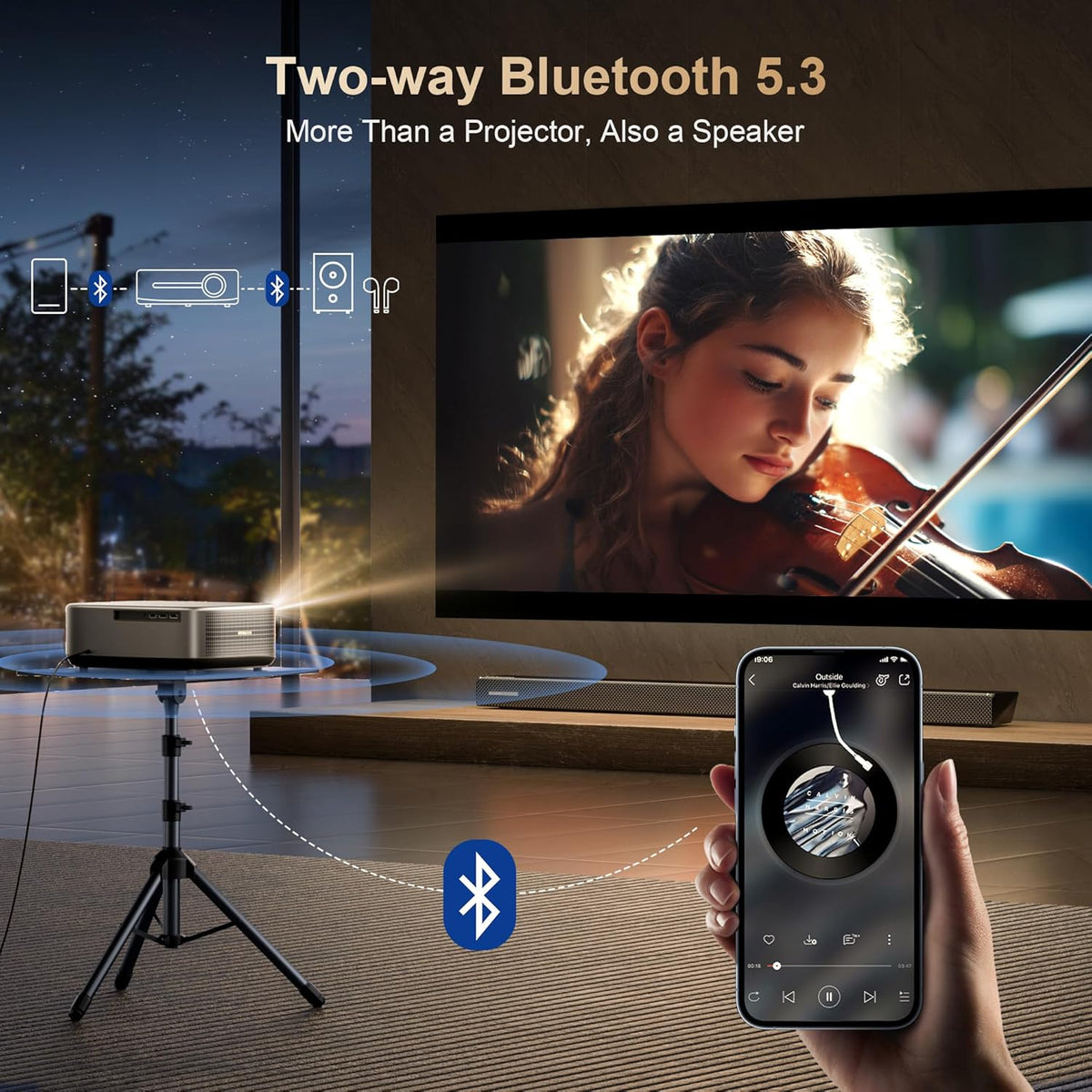 Alvar Smart Projector 2026 Upgraded, 2500 ANSI, 4K Supported, Built in NetfIix App, DoIby Audio & 50W Speakers, Auto Focus, WiFi 6, Bluetooth 5.3, Home Theater & Outdoor Movie Projector, Black