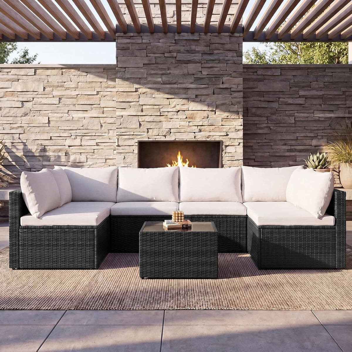 Sweetcrispy 7-Piece Outdoor Patio Sectional Sofa, Modular PE Wicker Outdoor Sectional with Thick Cushions, Rattan Patio Sofa Set with Coffee Table for Backyard, Poolside, Garden, Deck, Brown