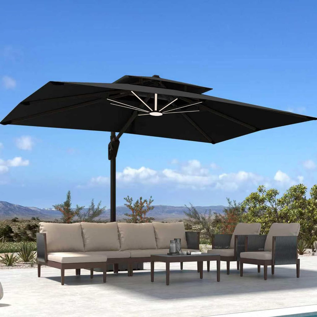 Deconk 10' X 13' Patio Umbrella with LED Lights Outdoor Cantilever Large Rectangle Offset Umbrellas Heavy Duty Aluminum Double Top with 360-degree Rotation for Pool Garden Deck, Black