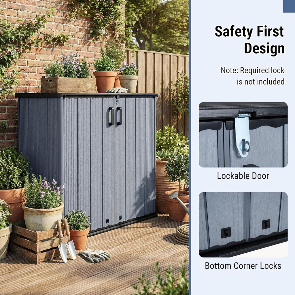 Tangkula 23.5 Cu.ft Outdoor Storage Shed, All-Weather Resin Patio Storage Box with Floor, Lockable Door & Removable Shelf, Waterproof Deck Box for Garden Tools