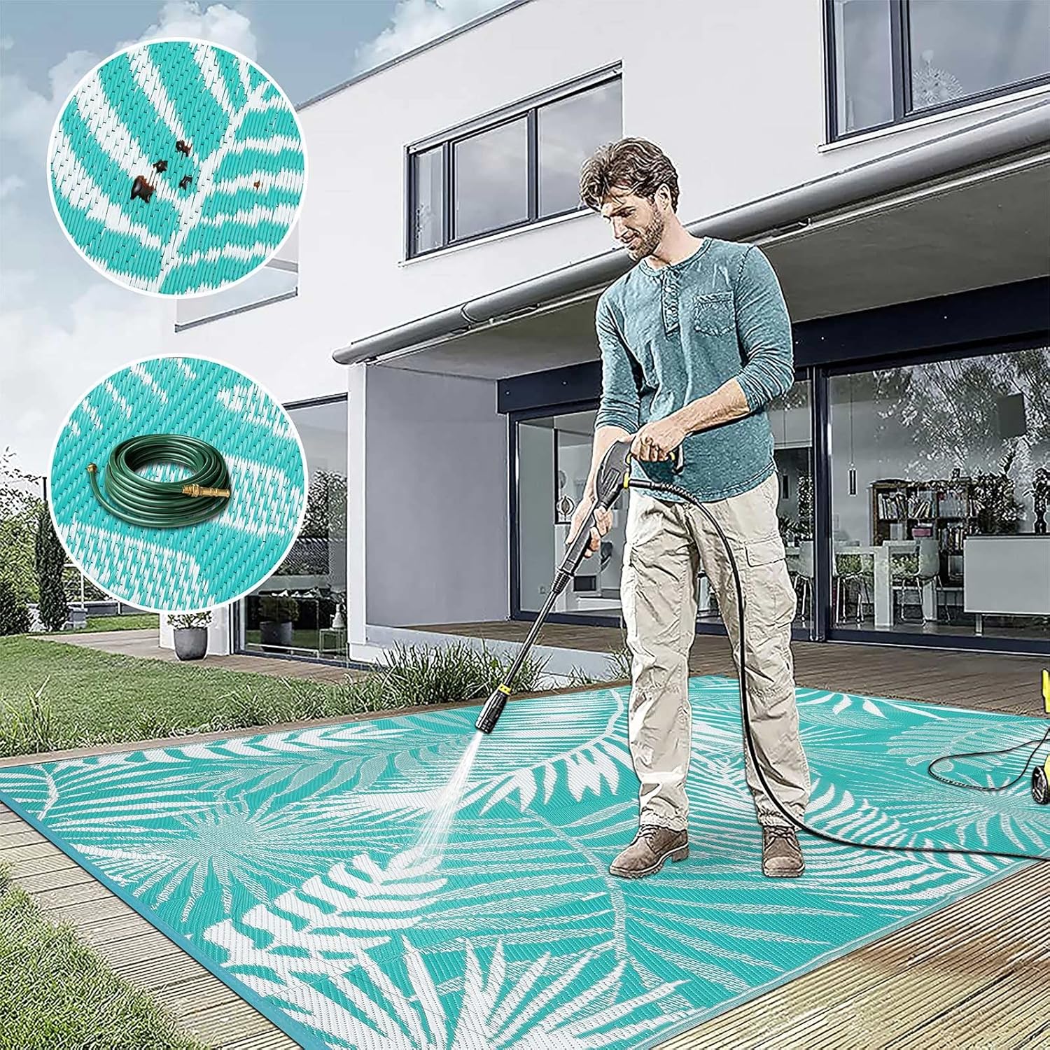 Outdoor Rug Waterproof for Patios Clearance, 10'x14' Quick Drying Outdoor Plastic Straw Rug Camping Carpet, Outside Floor Mats Large Area Rugs for RV,Patio,Deck,Porch, Beach, Balcony,Teal&White