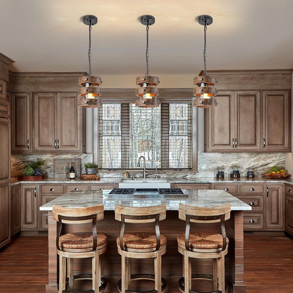 2pack Farmhouse Wood Pendant Lights Kitchen Island, Dining Room Lighting Fixtures Over Table Rustic Chandelier Height Adjustable Hallway Light for Foyer Living Room Bar Restaurant