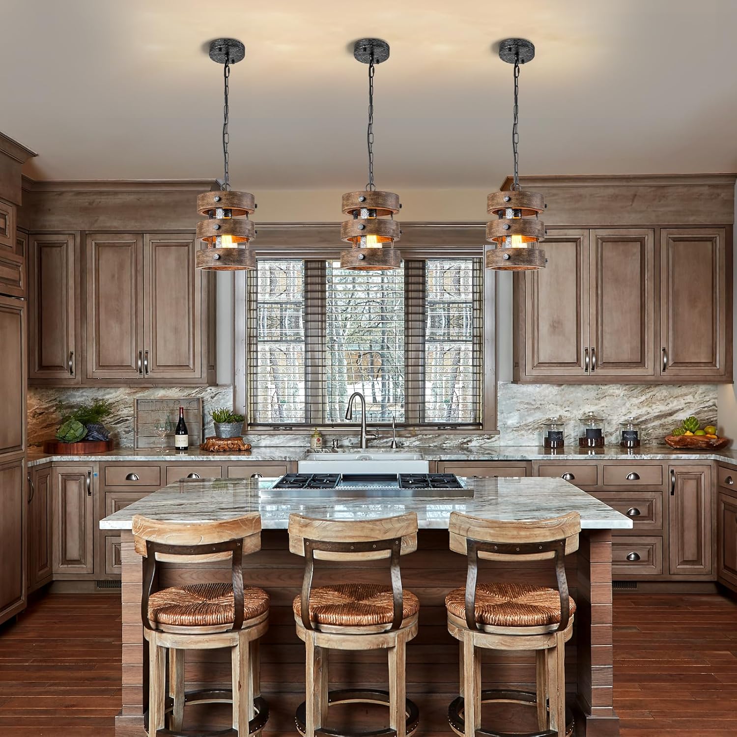 2pack Farmhouse Wood Pendant Lights Kitchen Island, Dining Room Lighting Fixtures Over Table Rustic Chandelier Height Adjustable Hallway Light for Foyer Living Room Bar Restaurant