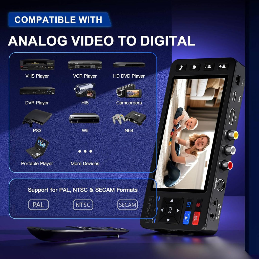 Portta VD20P VHS to Digital Converter with 5" HD Screen, Video Capture Recorder Convert to MP4 Compatible with VHS, VCR, DVR, DVD, Hi8, Mini DV, Gaming Console (VCR/VHS/DVD Player/Camcorder Required)