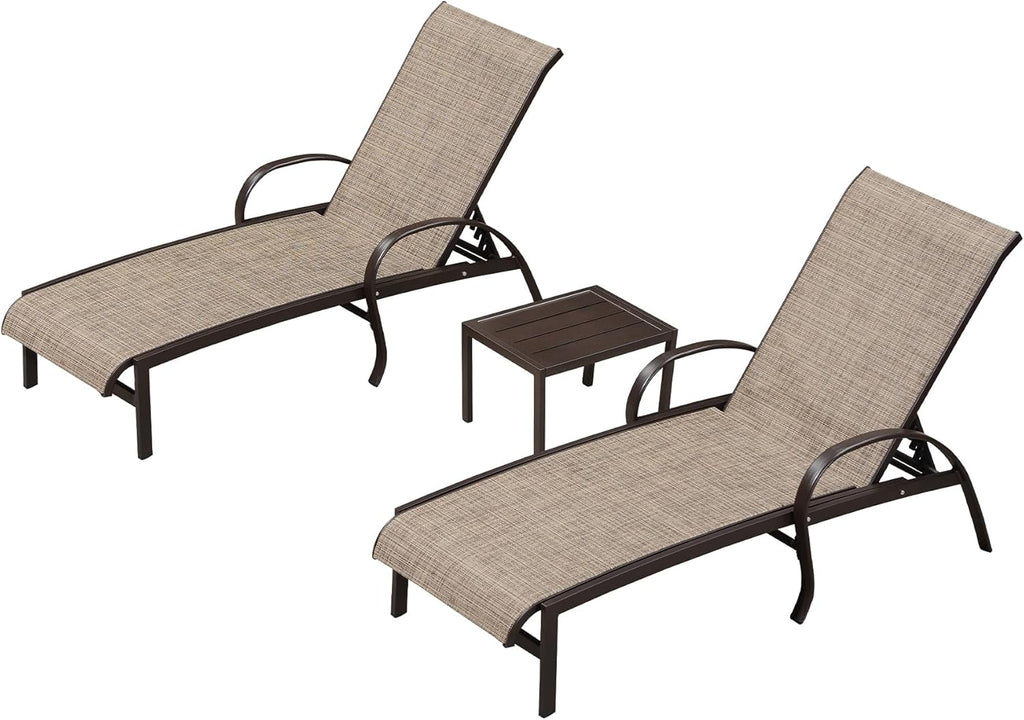 PURPLE LEAF Outdoor Chaise Lounge Chair Set of 3 Patio Pool Lounger Aluminum Chairs with Side Table Adjustable Tanning Recliner for Outside Yard Deck Lawn Garden Beach Brown