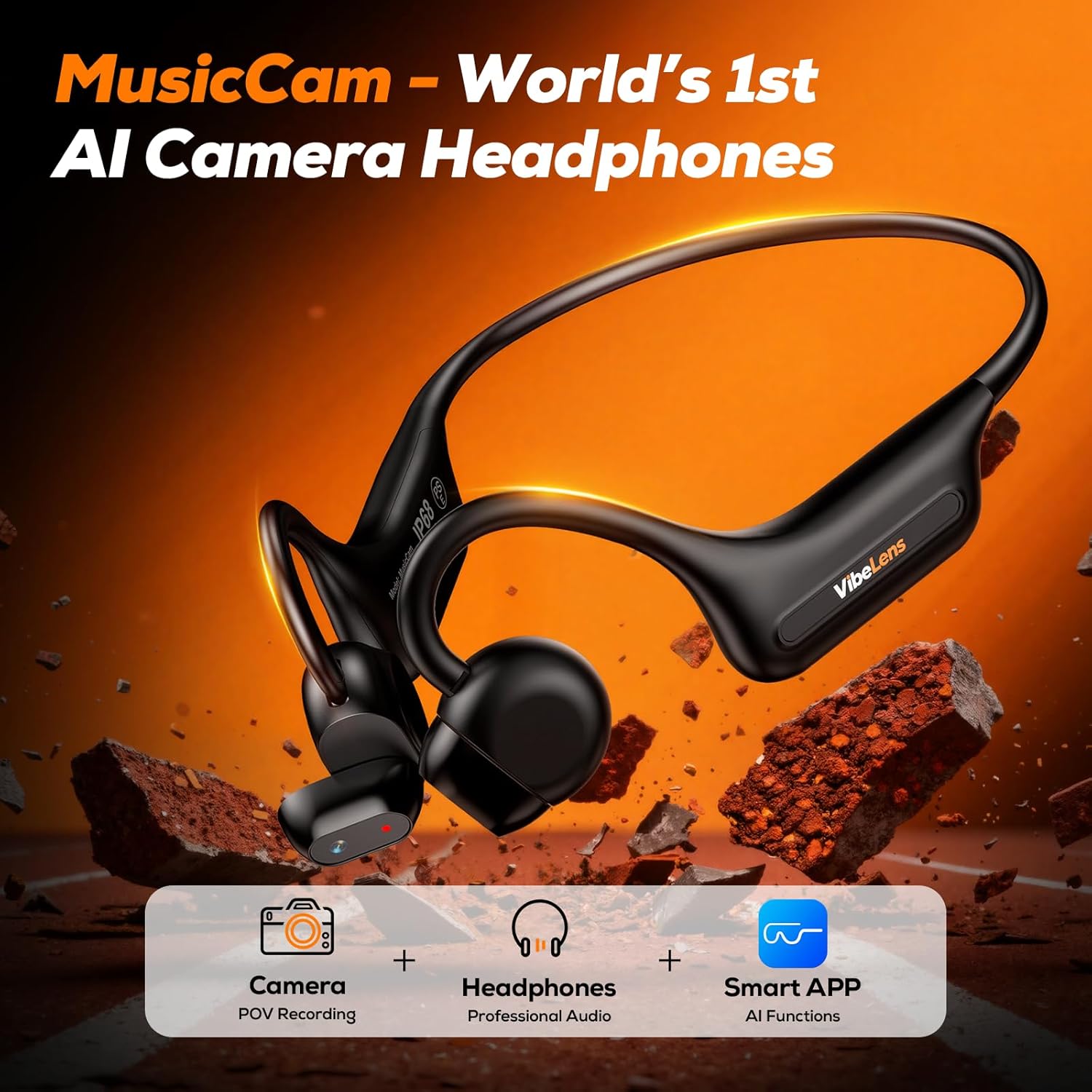 MusicCam World's 1st Bone Conduction Headphones with Camera, Hand-Free POV Camera Headphones, IP68 Water & Sweat Resistant, AI Functions, Open-Ear Bluetooth Wireless Sport Earphones with APP