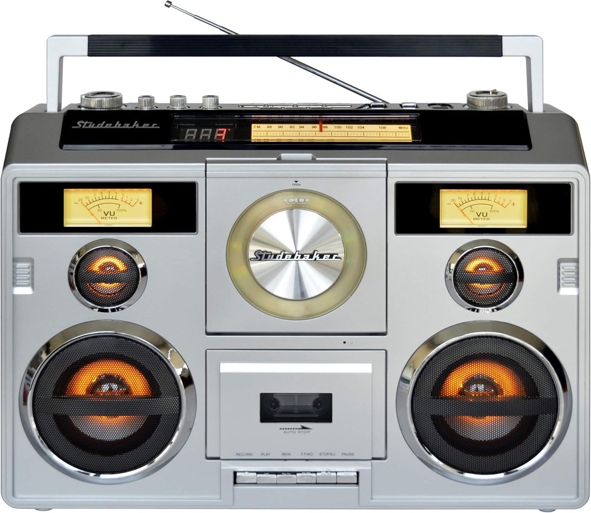 Studebaker Sound Station Portable Stereo Boombox with Bluetooth/CD/AM-FM Radio/Cassette Recorder (Silver)