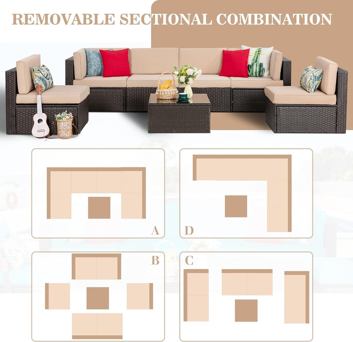 Vongrasig 7 Pieces Patio Furniture Sets, Outdoor Modular Sectional Sofa Patio Conversation Set PE Rattan Wicker Sectional Couch with Cushion, Glass Table for Patio, Garden, Poolside, Beige
