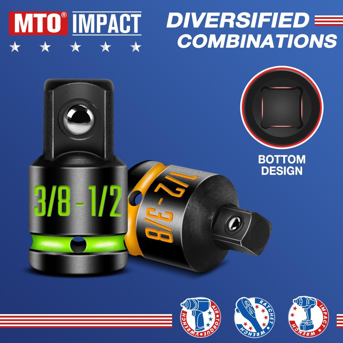 2-Piece Impact Socket Adapter & Reducer Set, 1/2"F to 3/8"M & 3/8"F to 1/2"M, with Paint-Filled Markings, CR-MO Steel for Impact Wrenches