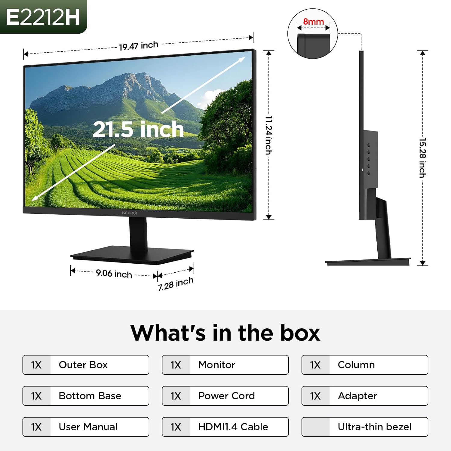 KOORUI New 22 Inch Computer Monitor FHD 1080P 120Hz PC Gaming Screen VA Panel Ultra-Slim Display 4000:1 Contrast Ratio with Adpitive Sync (HDMI/VGA/VESA Compatible 100x100mm/Audio Out), Tilt, Black