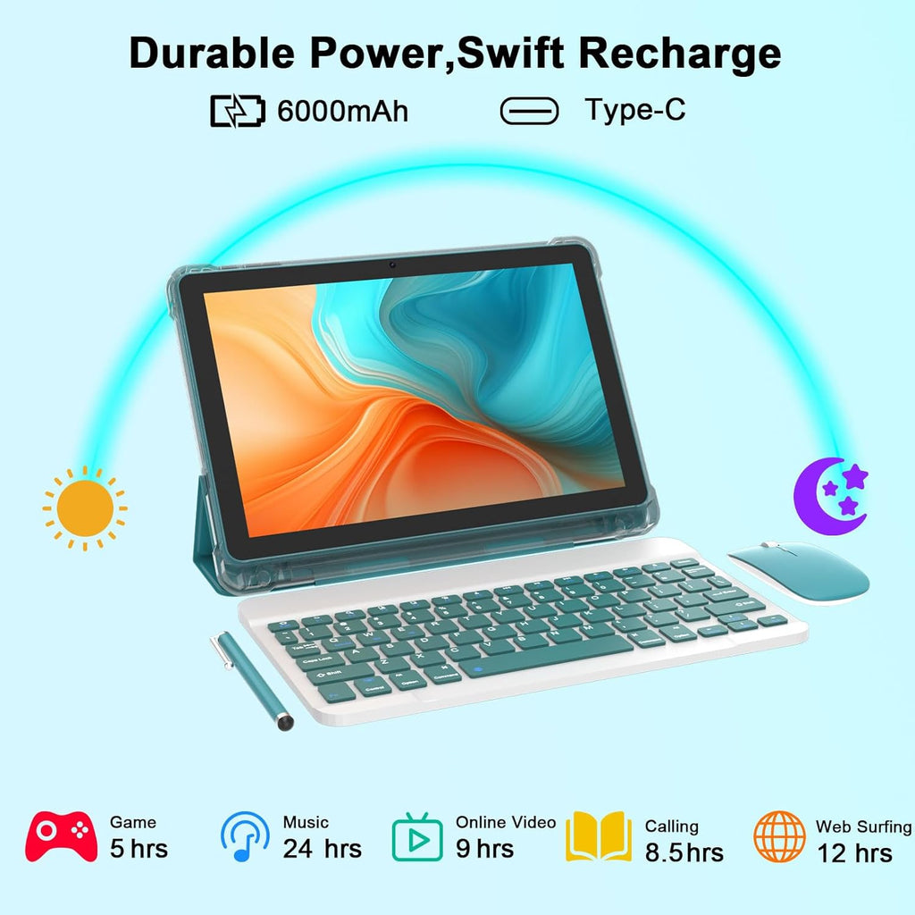 CUPEISI Android 15 Tablet 10 Inch, 20GB RAM+128GB ROM/ 2TB Expandable, 2.0GHz Quad-core Processor, 1280*800 HD Screen, 5G WiFi6 BT 5.0, 2 in 1 Tablets with Keyboard Case Mouse Stylus, Widevine L1 Blue