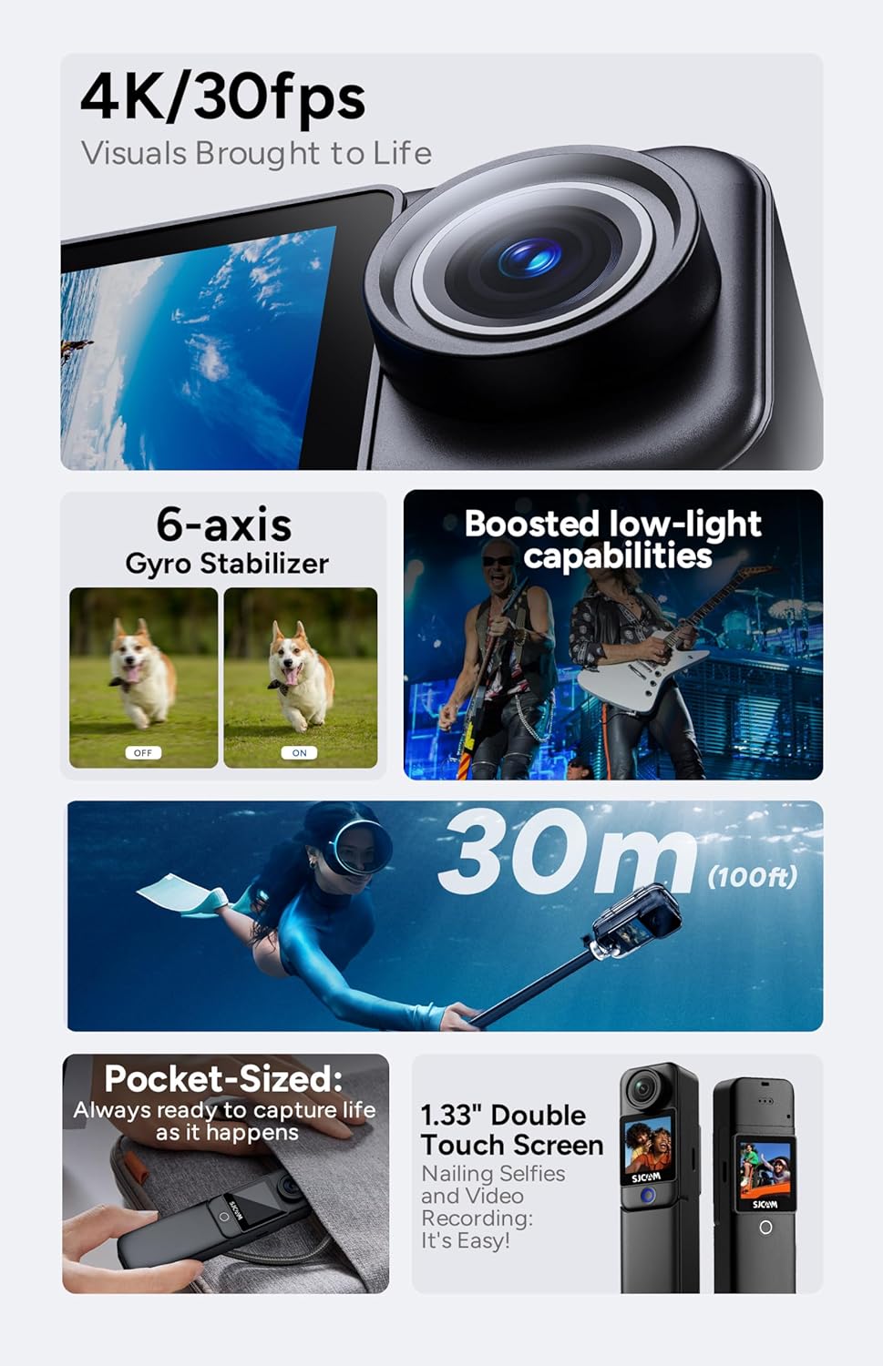 SJCAM C300 Pocket Vlog Camera,4K Small Action Cam with Dual Touch Screens, 6-Axis Anti-Shake, 154° Wide-Angle Lens, Magnetic Wearable Body Cam, Waterproof for Underwater & Sports, Included Accessory