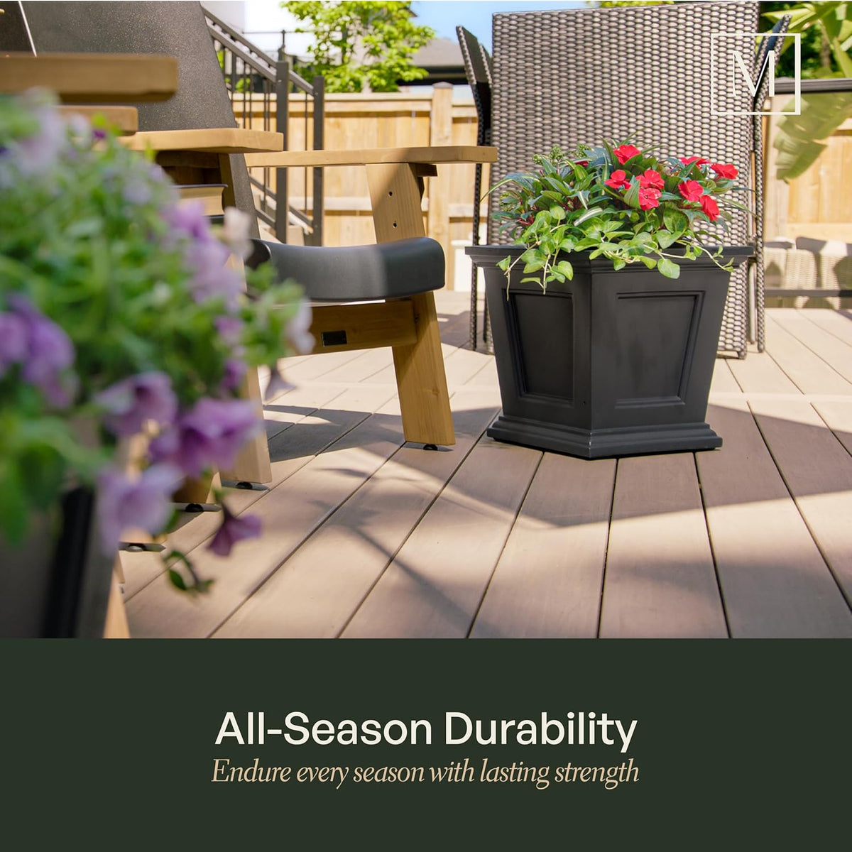 Mayne Fairfield 16-Inch Square Planter – Self-Watering, Weather-Resistant Planter for Flowers – Durable Outdoor Design for Patio, Porch, or Entryway