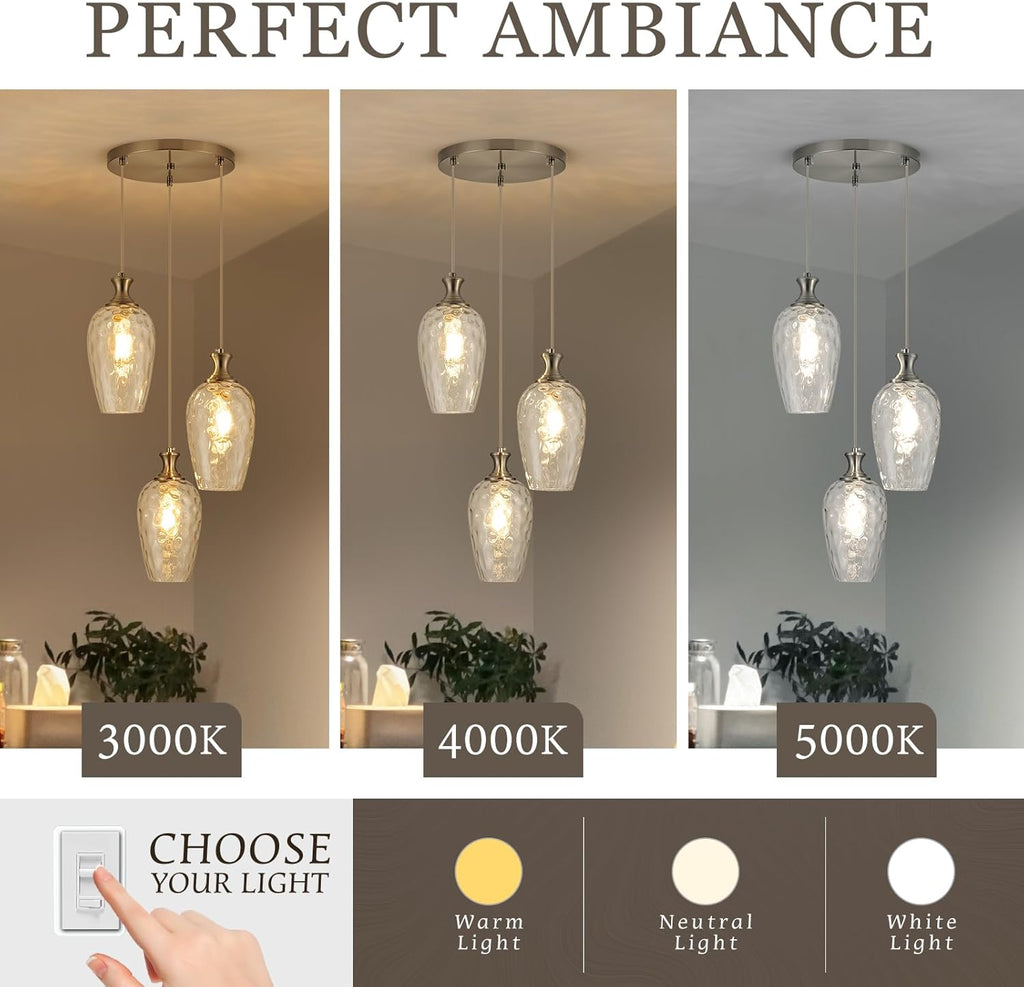 3-Light Pendant Lighting, Modern Brushed Nickel Dining Room Chandelier Light Fixture Over Table with Hammered Glass, Brass Cluster Hanging Lights for Kitchen Island Dining Room Bedroom, E26