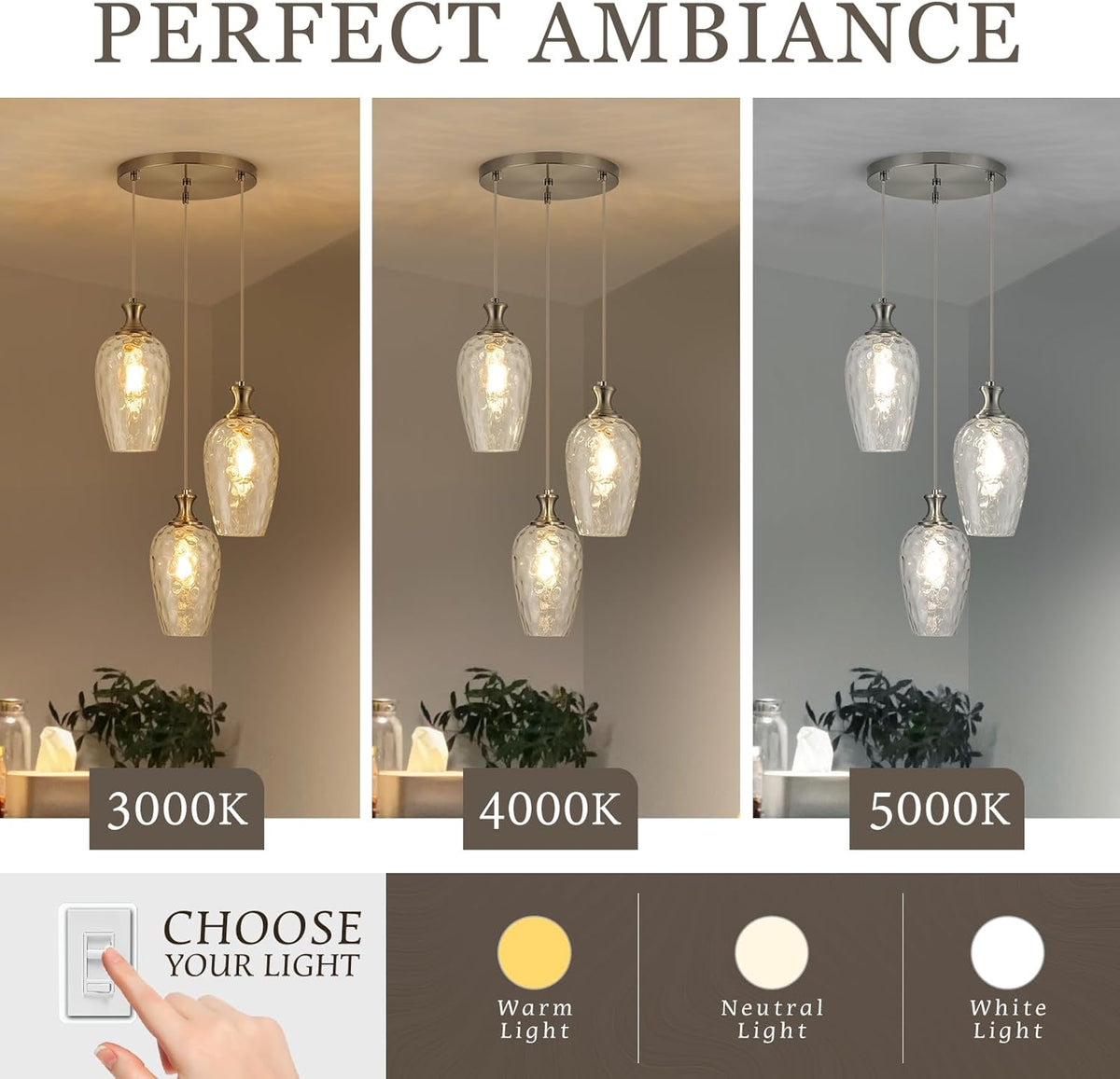 3-Light Pendant Lighting, Modern Brushed Nickel Dining Room Chandelier Light Fixture Over Table with Hammered Glass, Brass Cluster Hanging Lights for Kitchen Island Dining Room Bedroom, E26