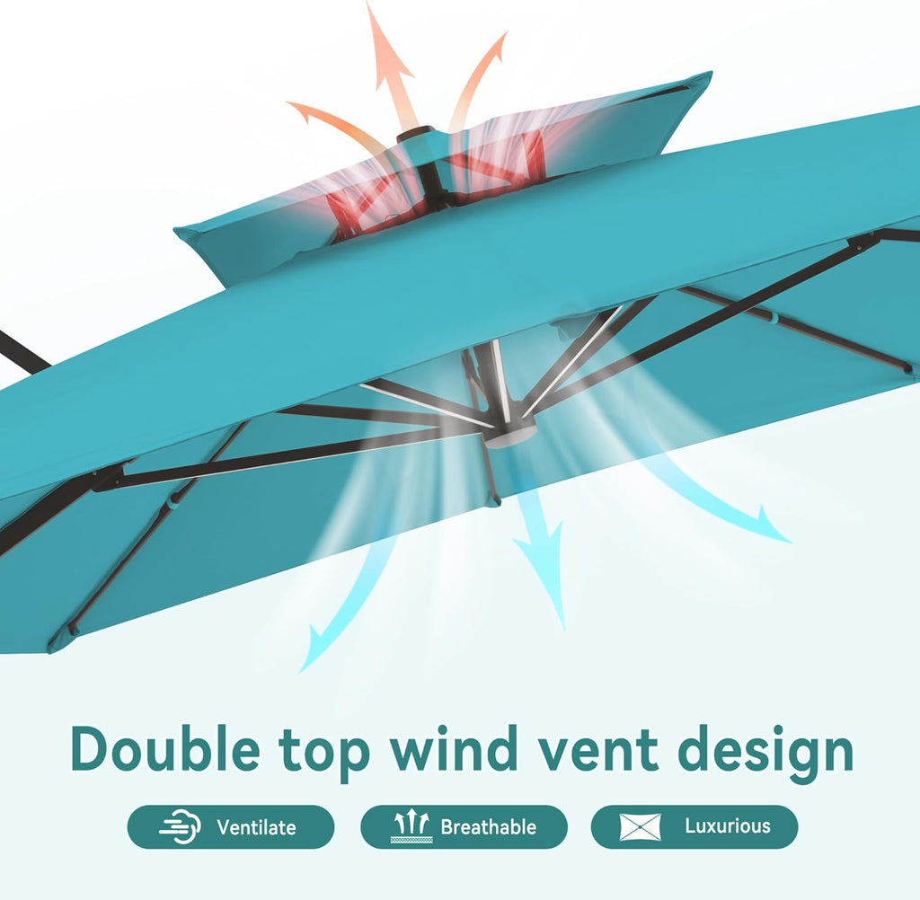 10 X 13 FT Cantilever Outdoor Patio Umbrella with LED Lights Large Heavy Duty 360° Rotation Double Top Offset Rectangular Umbrellas for Backyard Garden Pool Outside Deck, Turquoise