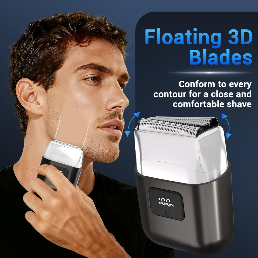 Electric Foil Shavers for Men: Mini Electric Razor with 3 Floating Blades, LED Display, Dual Speed - IPX7 Waterproof Wet/Dry Cordless Razor, USB Fast Charging, Travel Lock (Gray)