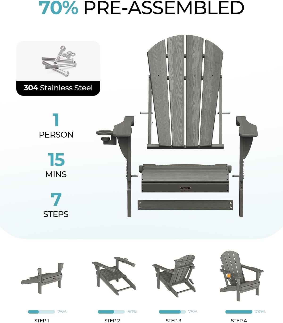 Ciokea Folding Adirondack Chair Wood Texture, Patio Chair Weather Resistant, Plastic Fire Pit Chair with Cup Holder, for Lawn Outdoor Porch Garden Backyard Deck (Grey)