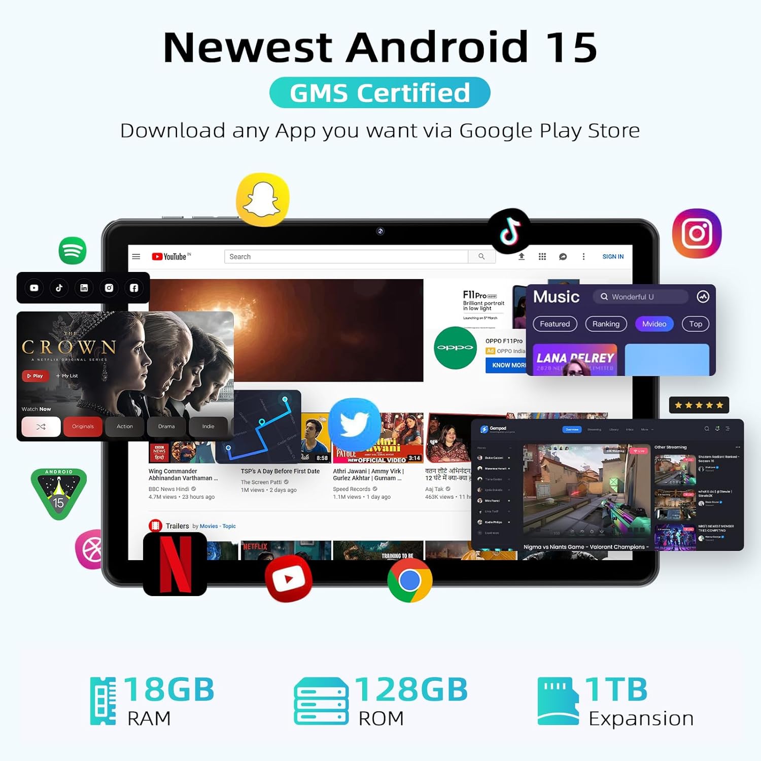 10 Inch Tablet, Android 15 Tablet with Octa-core Cortex, 18GB RAM 128GB ROM/1TB TF, Widevine L1, Gaming Tablet HD Display Touchscreen, Dual Speakers, 8MP+5MP, 5G WiFi, 6000mAh Bluetooth, Face Unlock